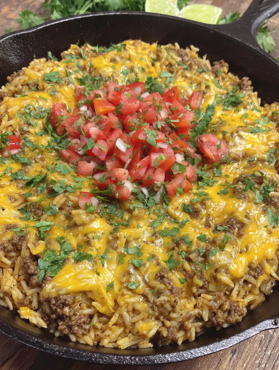 A skillet full of cheesy taco rice.