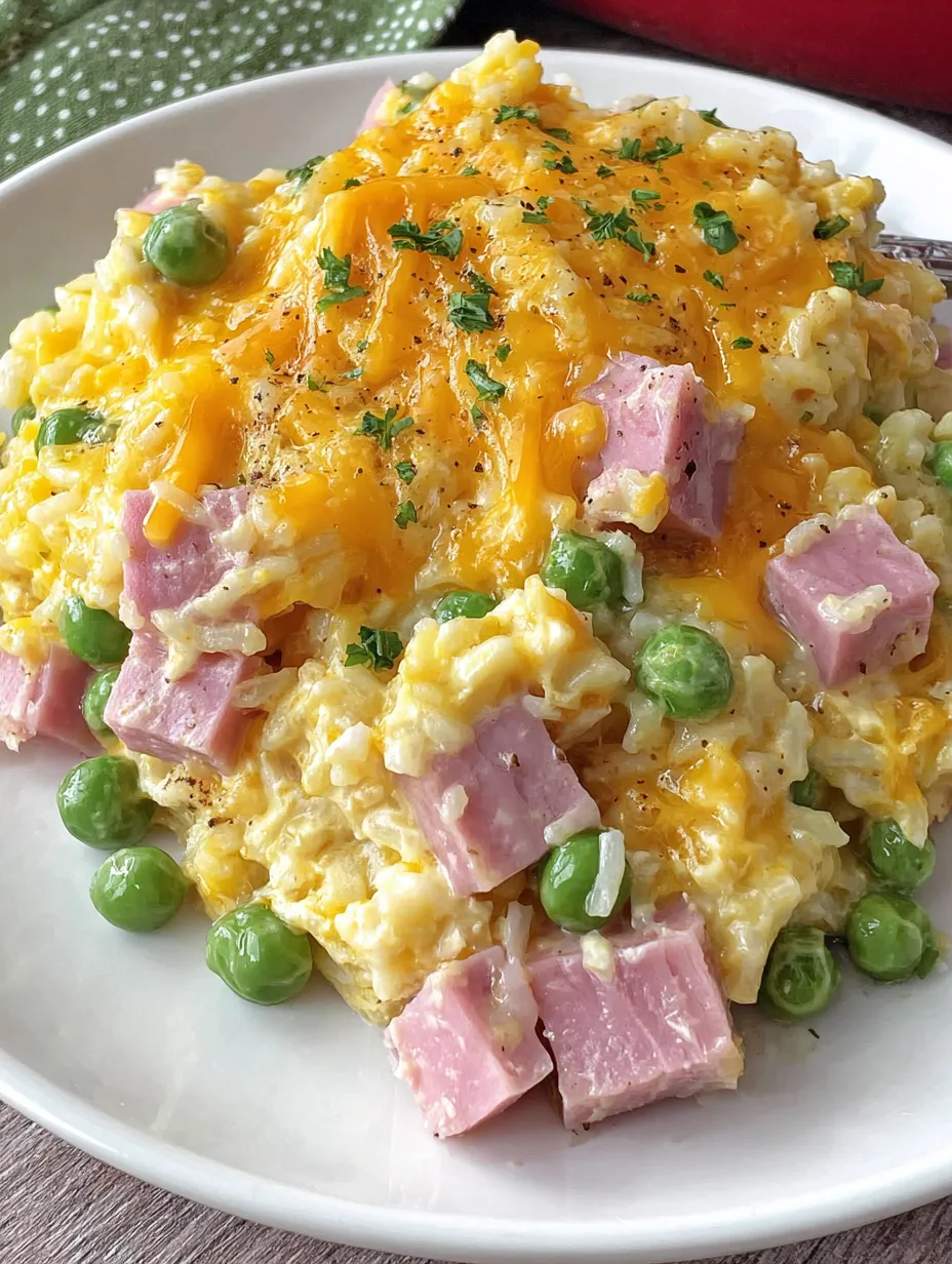A plate of food with ham and peas.