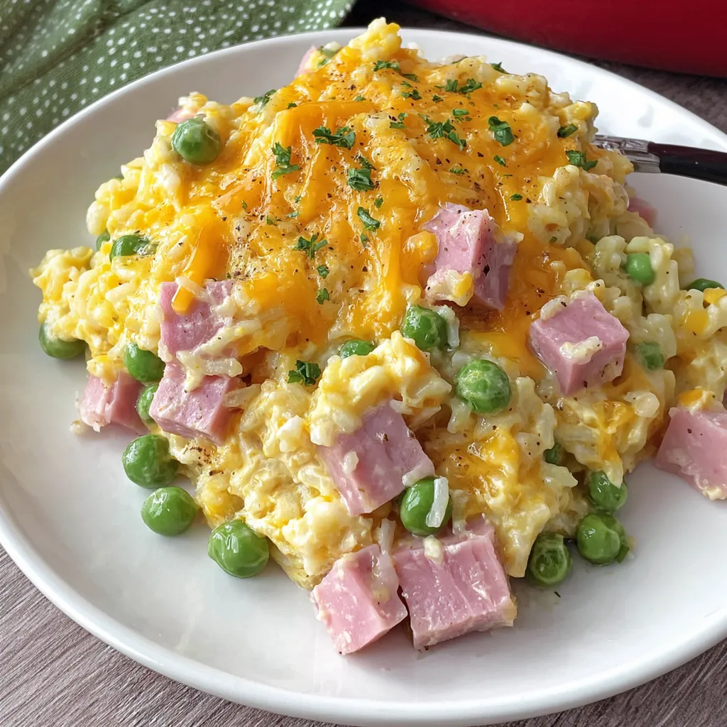 A plate of ham and pea casserole.