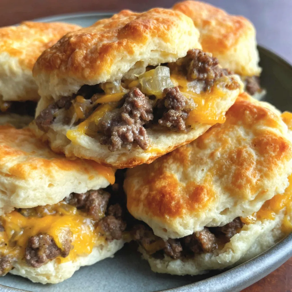 A plate of chopped cheeseburger biscuits.