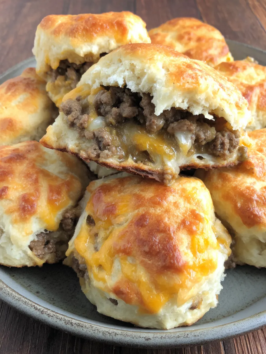 Chopped cheeseburger biscuits on a plate.
