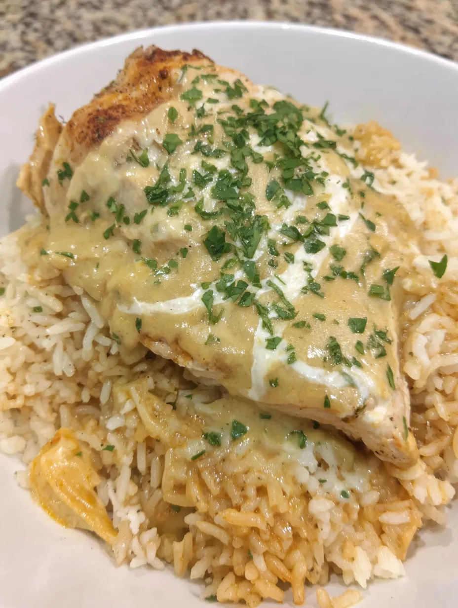 A plate of rice and chicken with cheese on top.