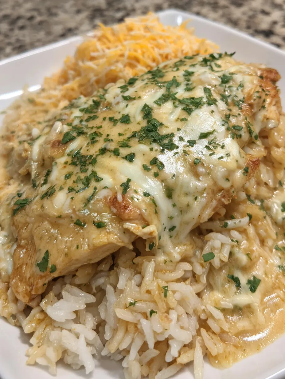 A plate of rice and chicken with cheese on top.