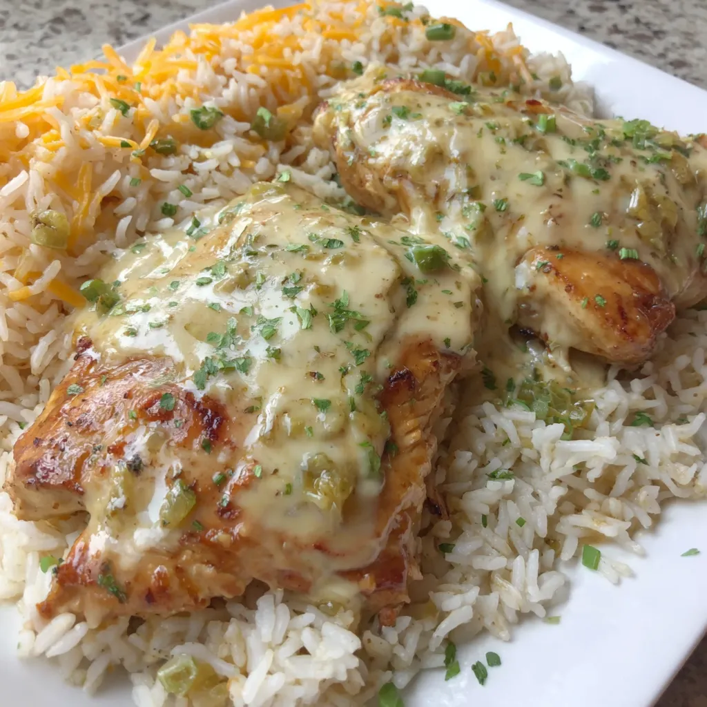 A plate of rice and chicken with cheese on top.