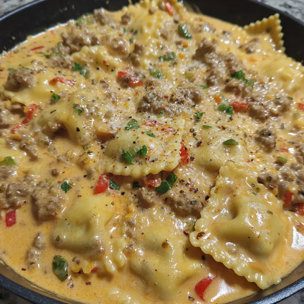 A bowl of Creamy Cajun Sausage Ravioli.
