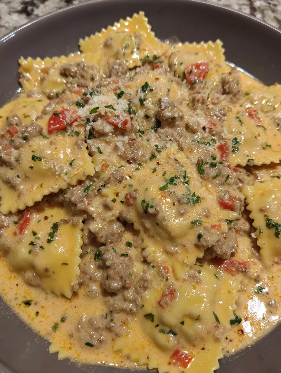 A plate of Creamy Cajun Sausage Ravioli.