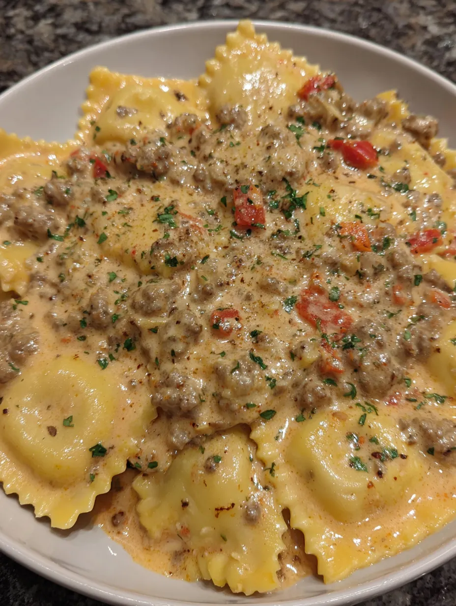 A plate of Creamy Cajun Sausage Ravioli.