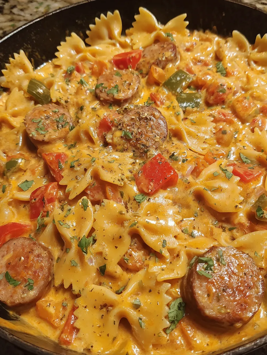 A dish of pasta with sausage and peppers.