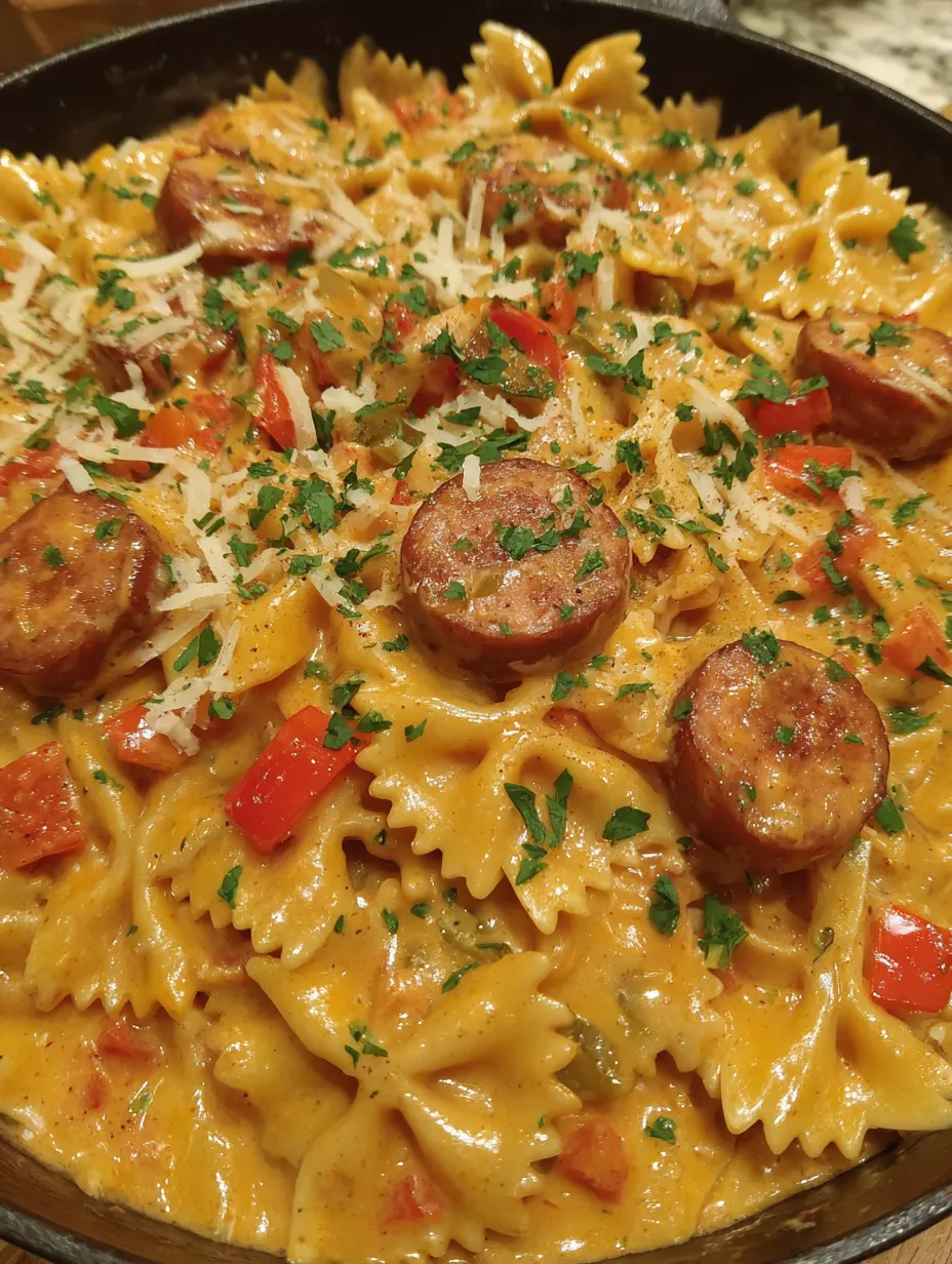 A dish of pasta with sausage and cheese.