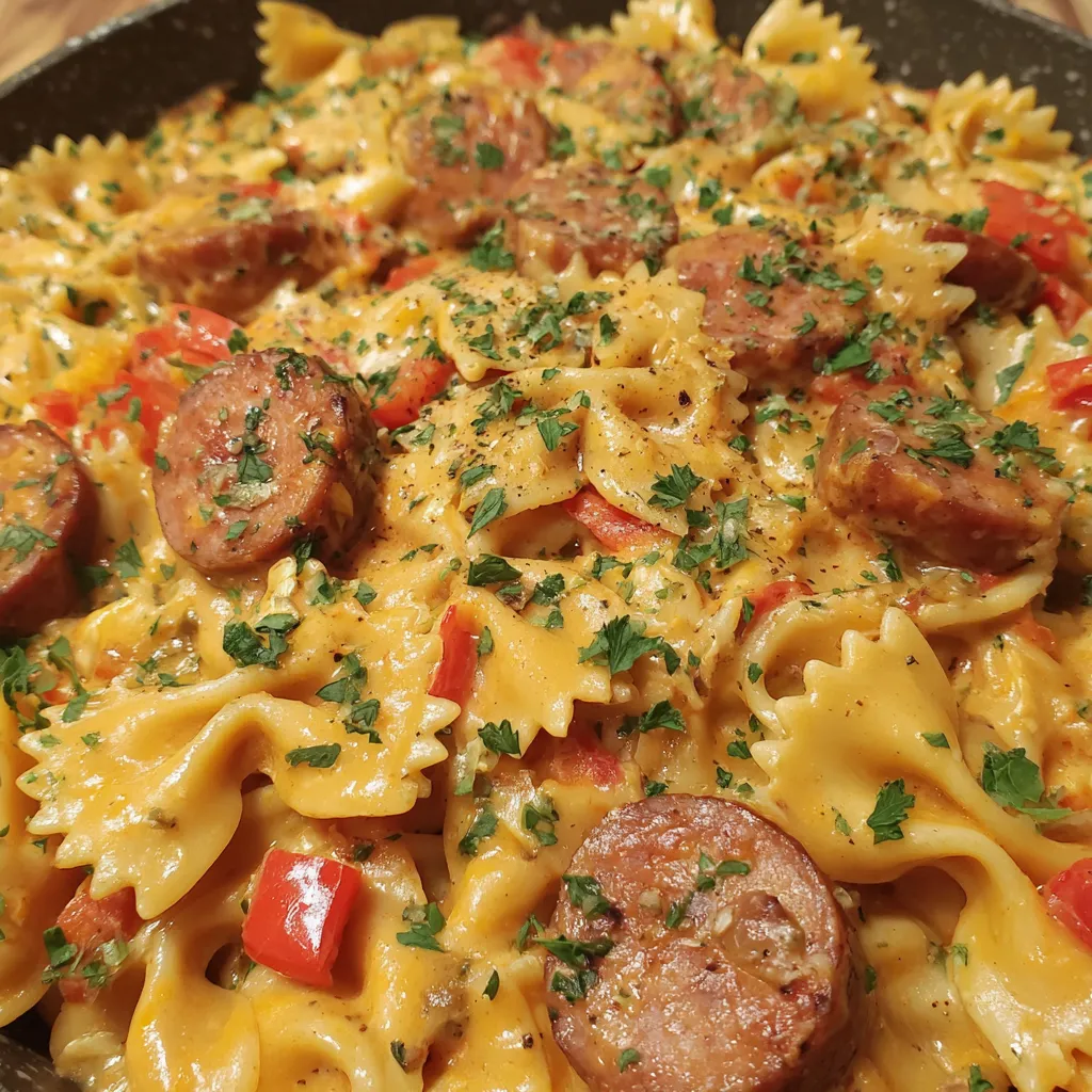 A delicious one pot meal of cheesy smoked sausage and bowtie pasta.