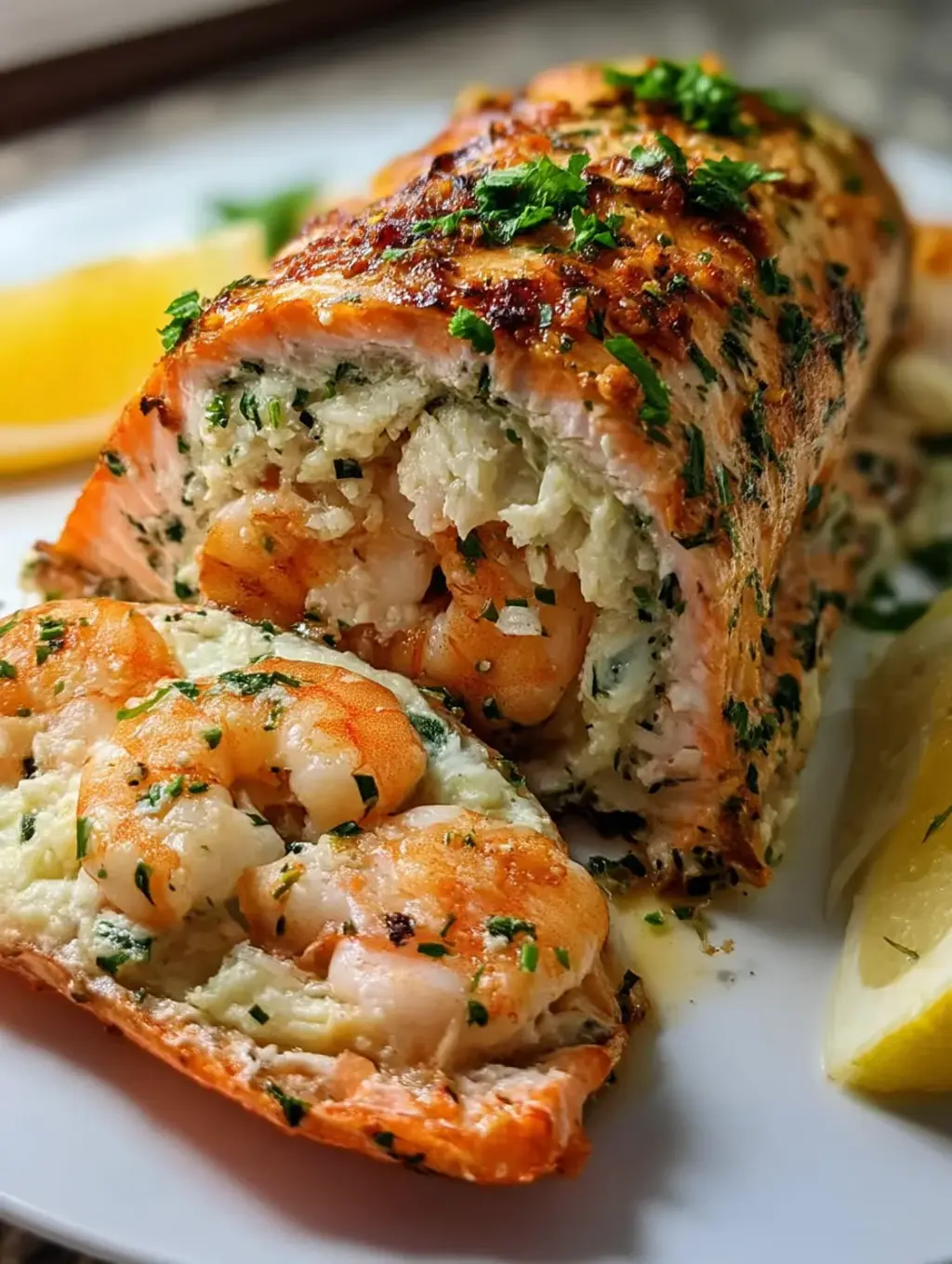 A stuffed salmon with crab and shrimp.