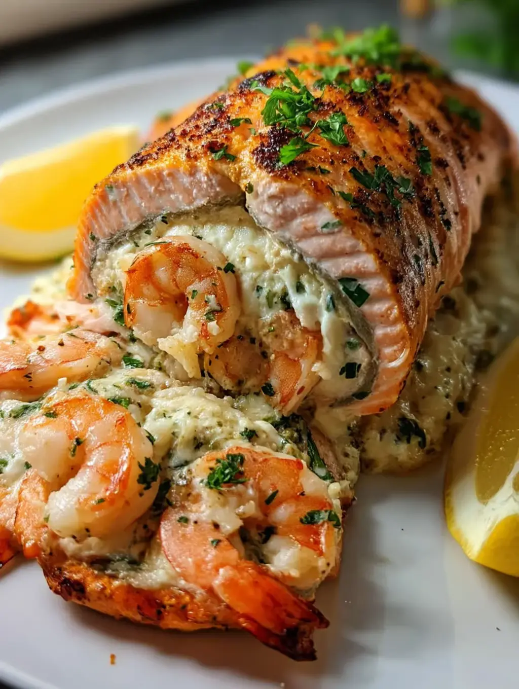 A piece of cooked salmon with shrimp and crab stuffed inside.