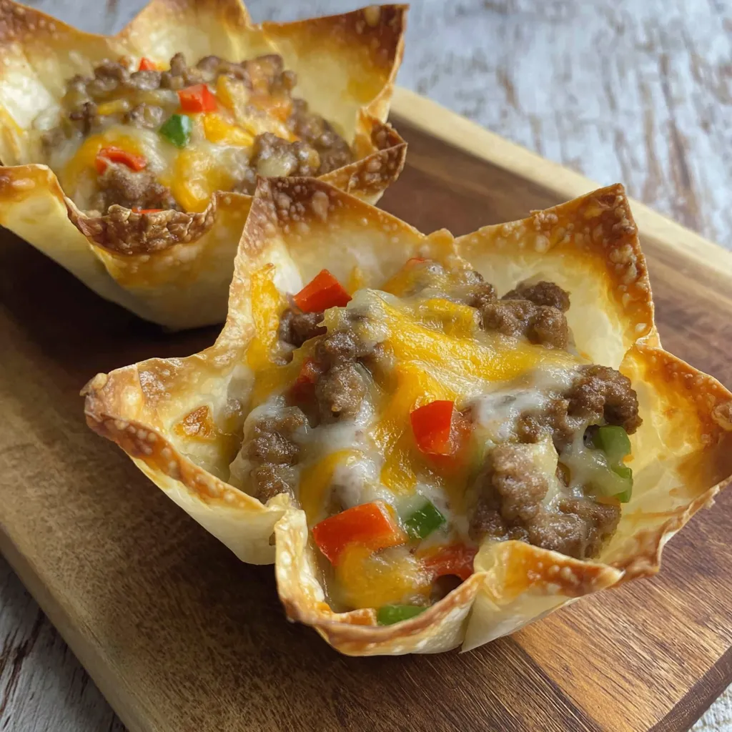 Two cheesy sausage wonton cups on a wooden table.