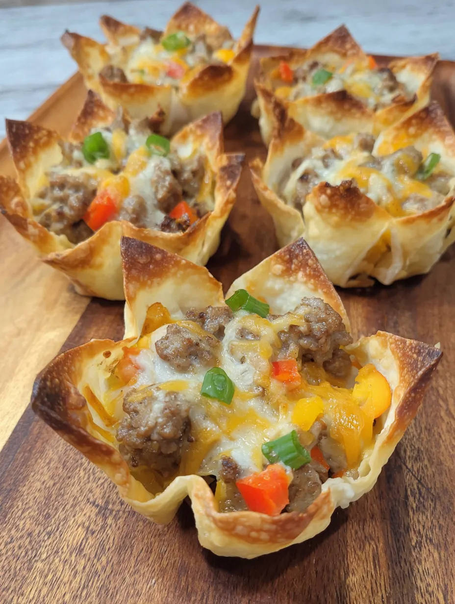 Cheesy sausage wonton cups on a wooden platter.