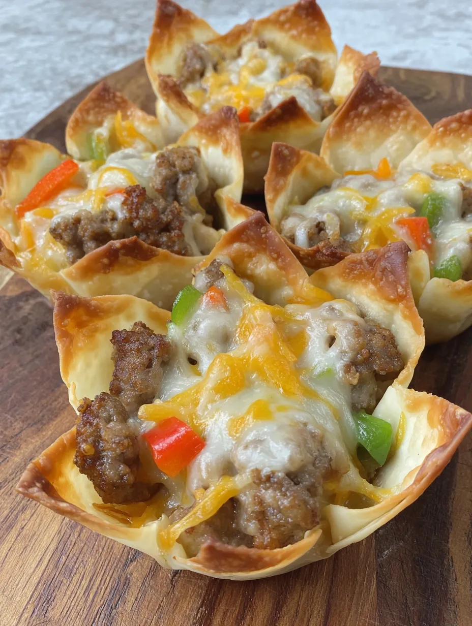 Cheesy sausage wonton cups on a wooden table.