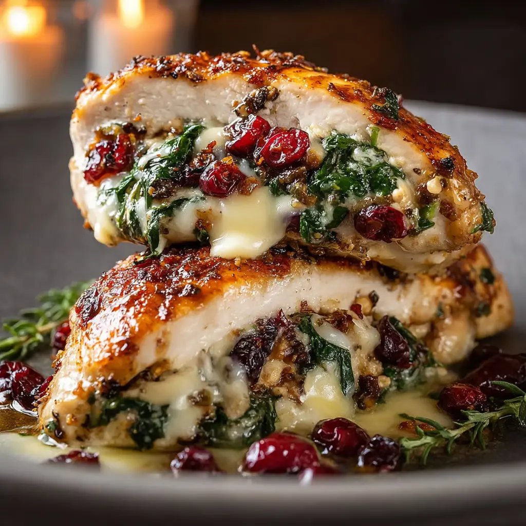 A plate of chicken with spinach and cranberries.