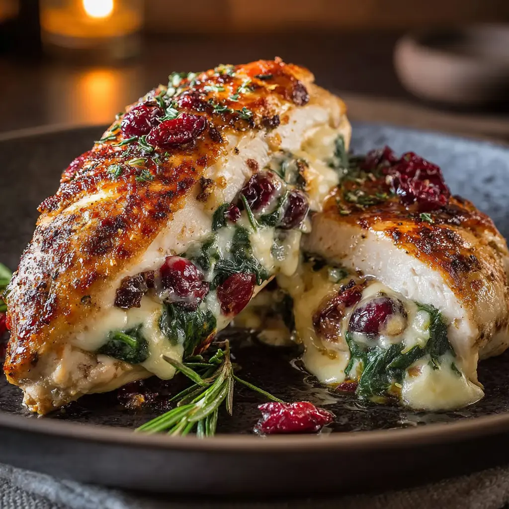 A plate of chicken with spinach and cranberries.