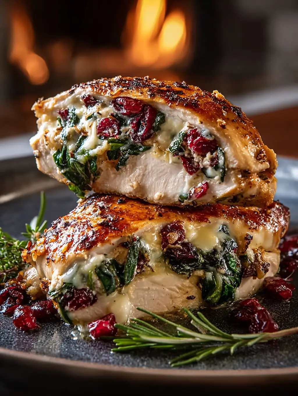 A piece of chicken with spinach and cranberry stuffing.