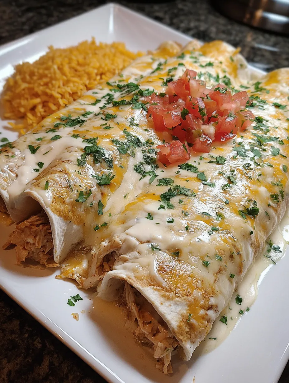 A plate of queso chicken enchiladas with tomatoes on top.