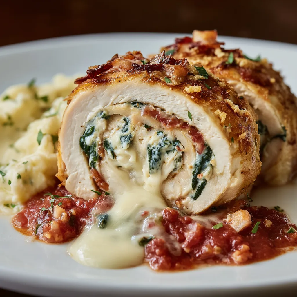 A chicken rollatini is served on a plate.