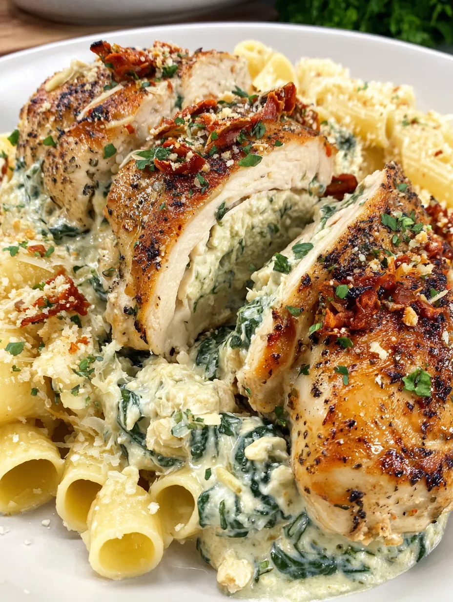 A plate of chicken with a creamy spinach rigatoni.