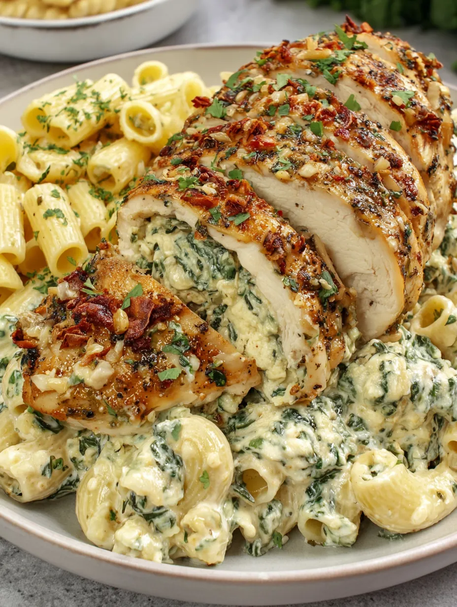 A plate of food with chicken and pasta.