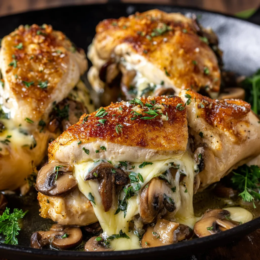 A plate of garlic butter mushroom stuffed chicken.