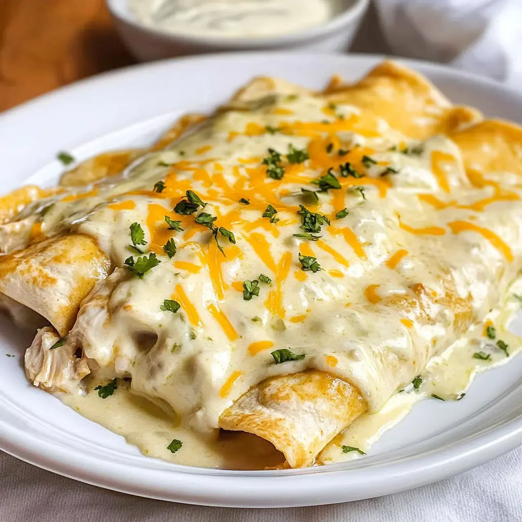A plate of chicken enchiladas with cheese and sauce.