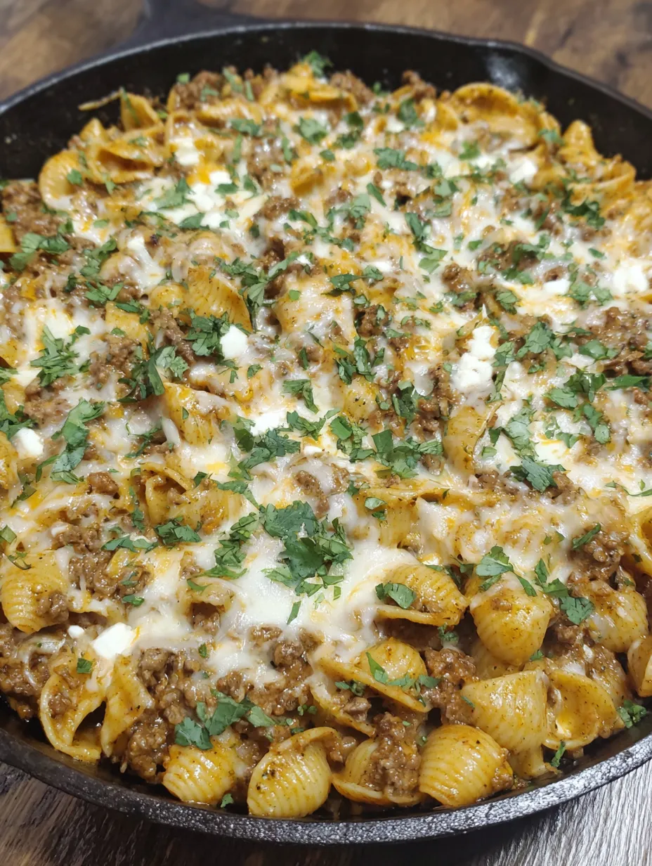 A close up of a cheesy enchilada hamburger helper.