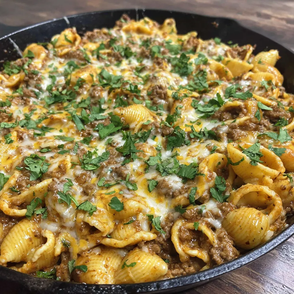 A close up of a cheesy enchilada hamburger helper.