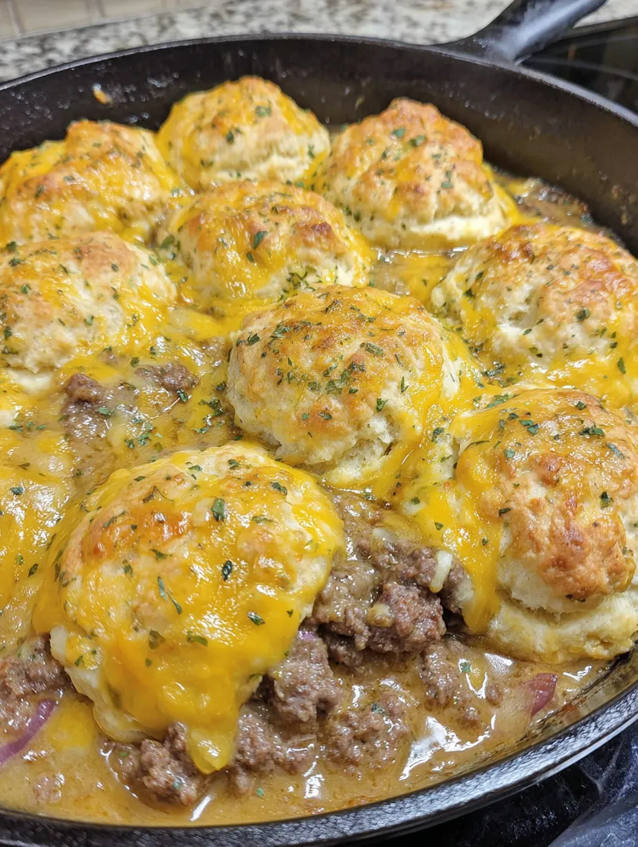 A close up of a Cheddar Bay Hamburger Casserole.