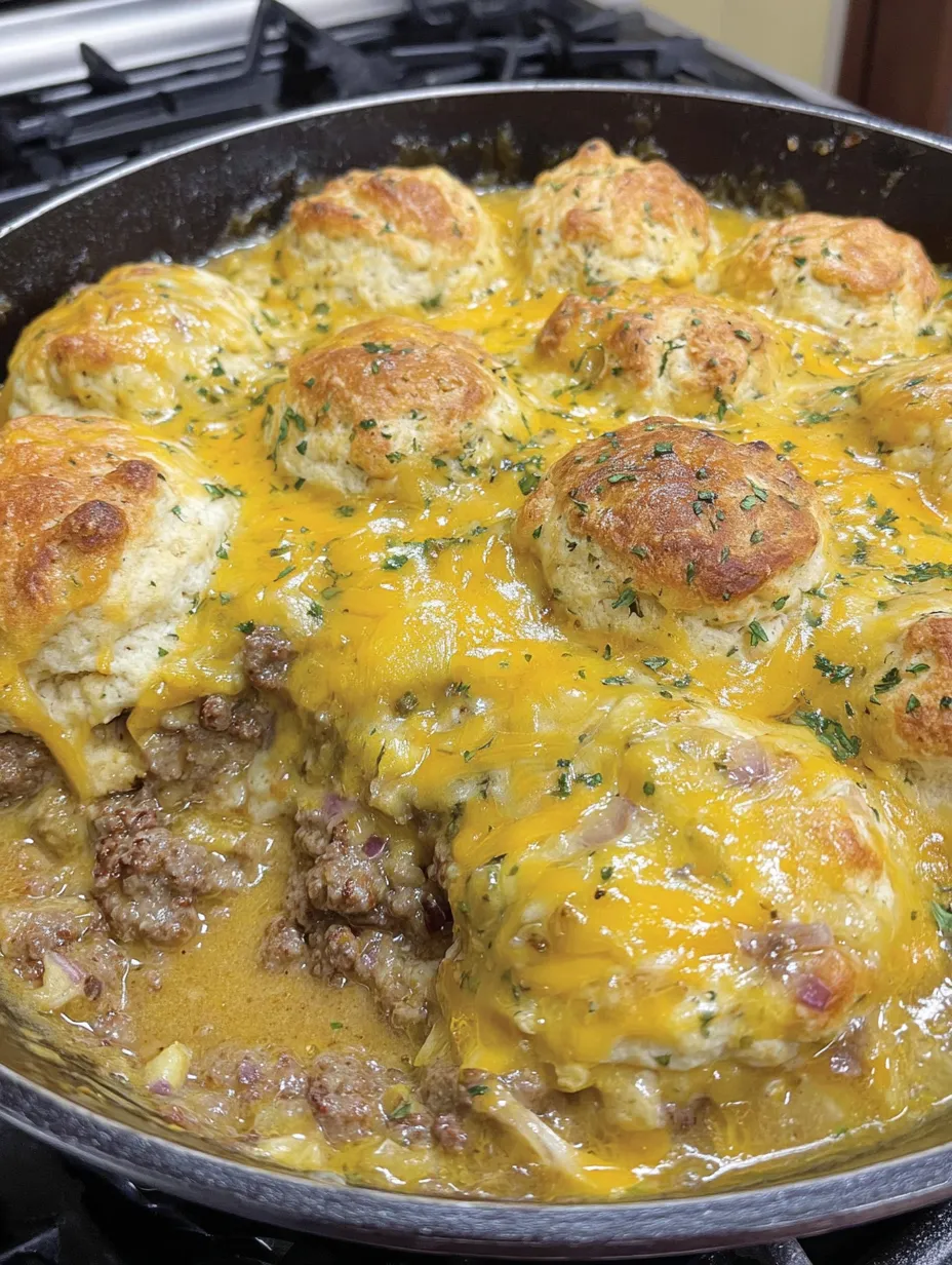 A close up of a cheddar bay hamburger casserole.