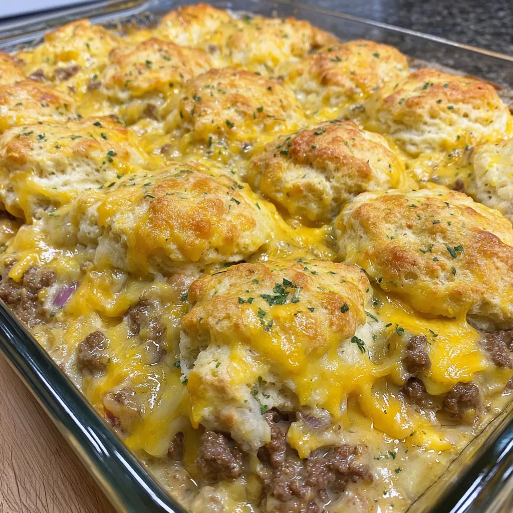 A dish of cheddar bay hamburger casserole.