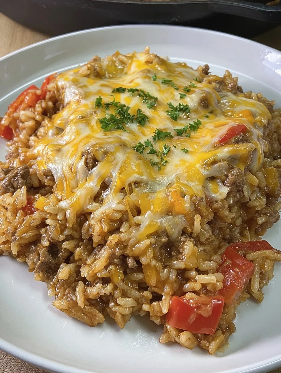 A plate of cheesy beef enchilada rice.