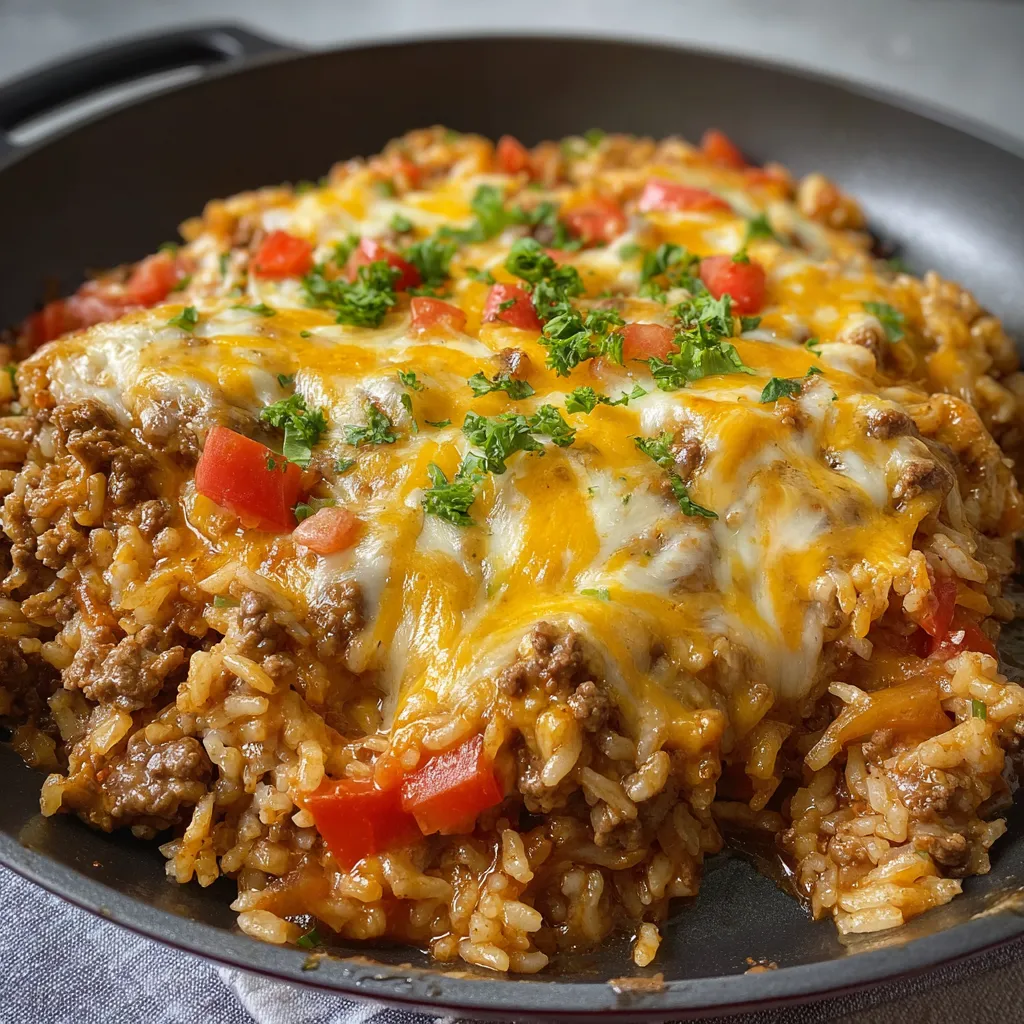 A delicious cheesy beef enchilada rice dish.