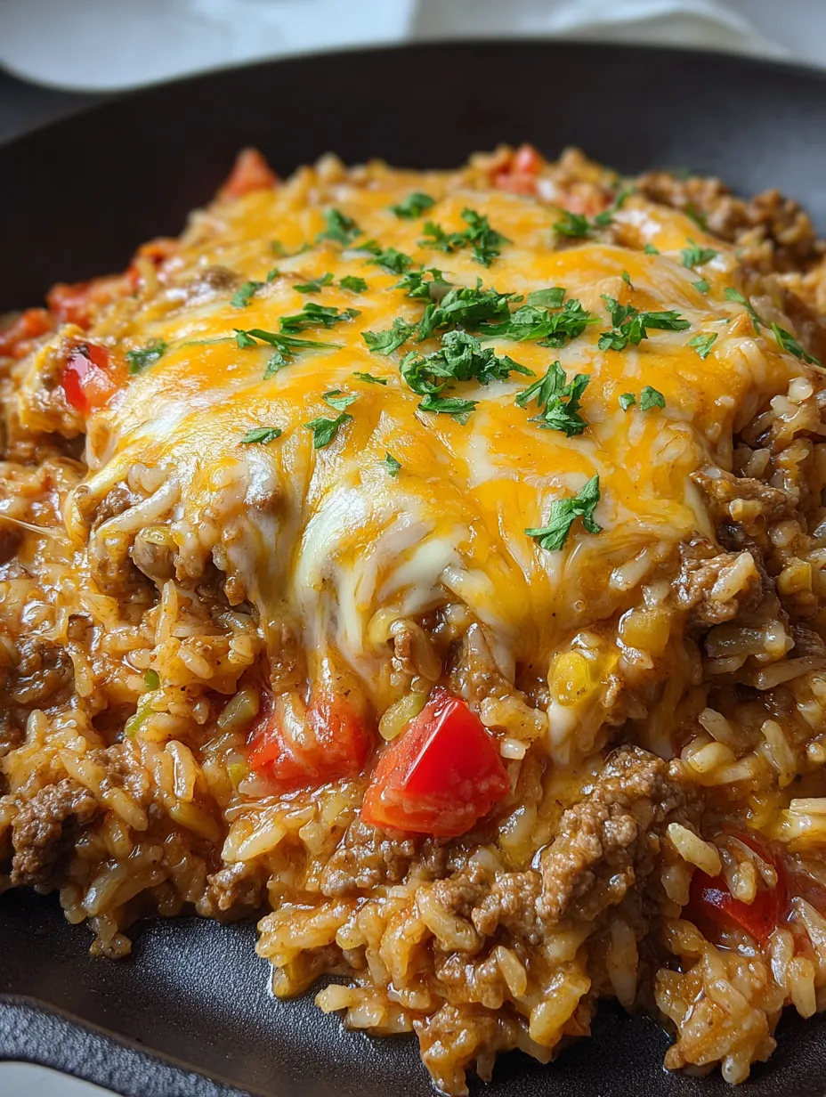 A close up of a delicious cheesy beef enchilada rice.