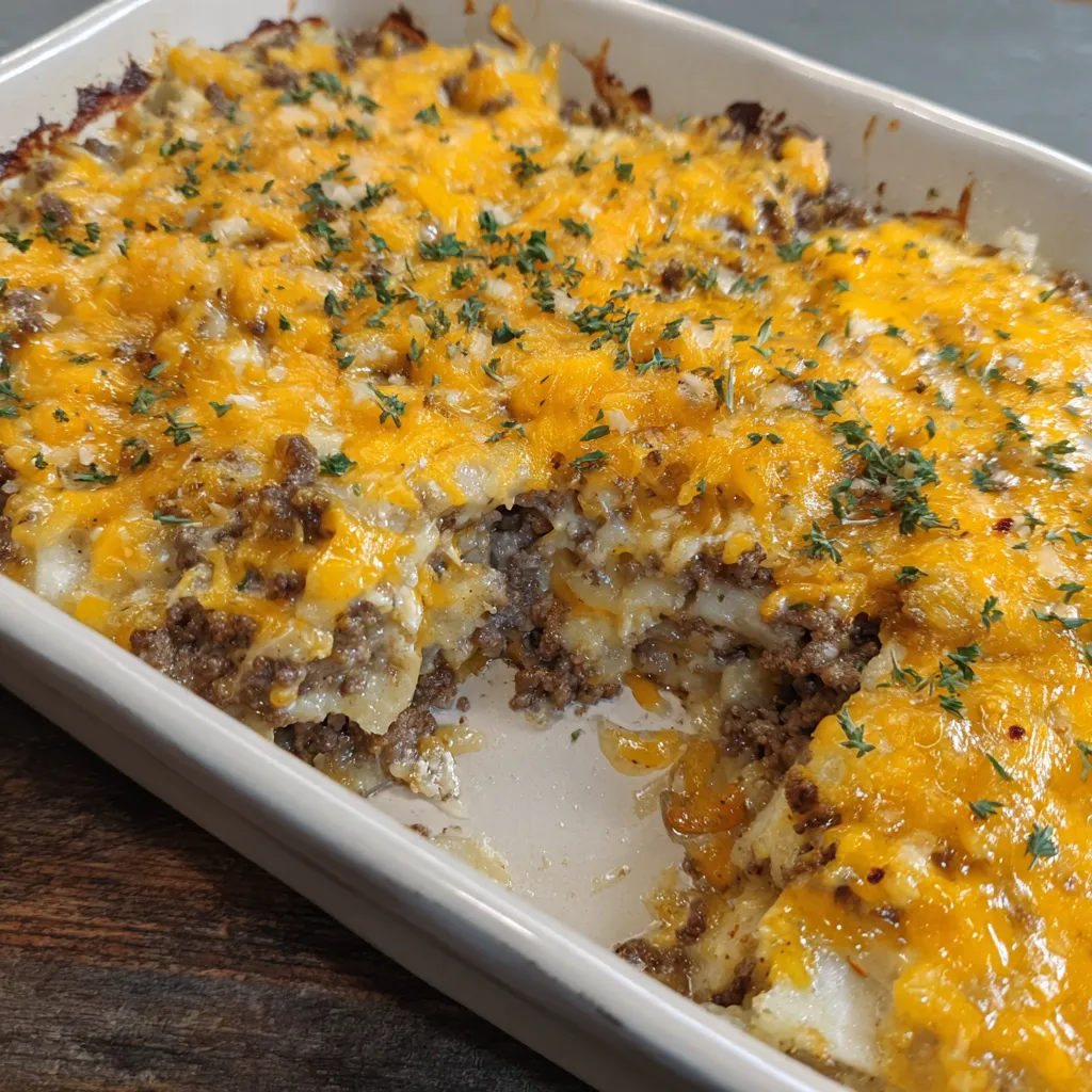 A white dish with a hamburger potato casserole.
