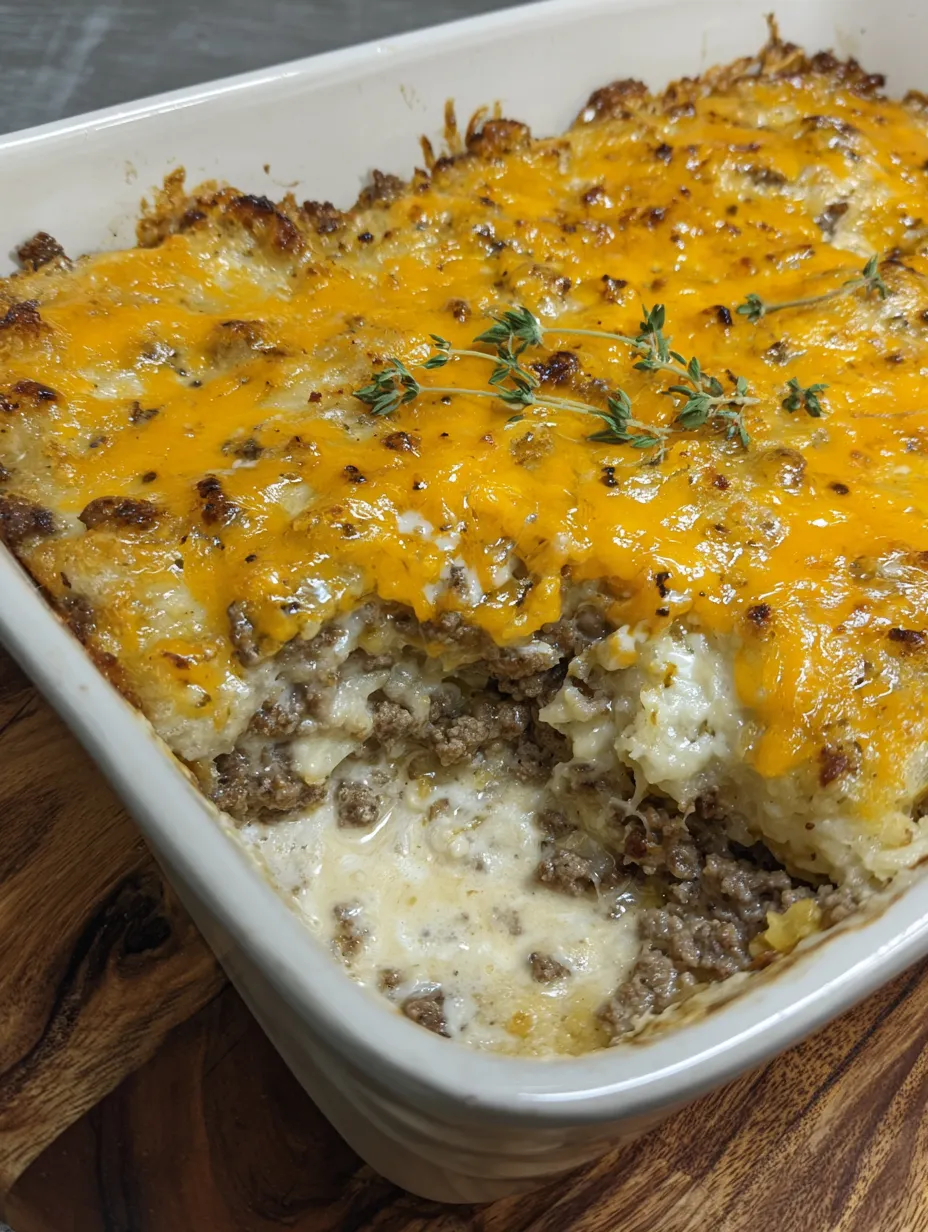 A close up of a hamburger potato casserole.