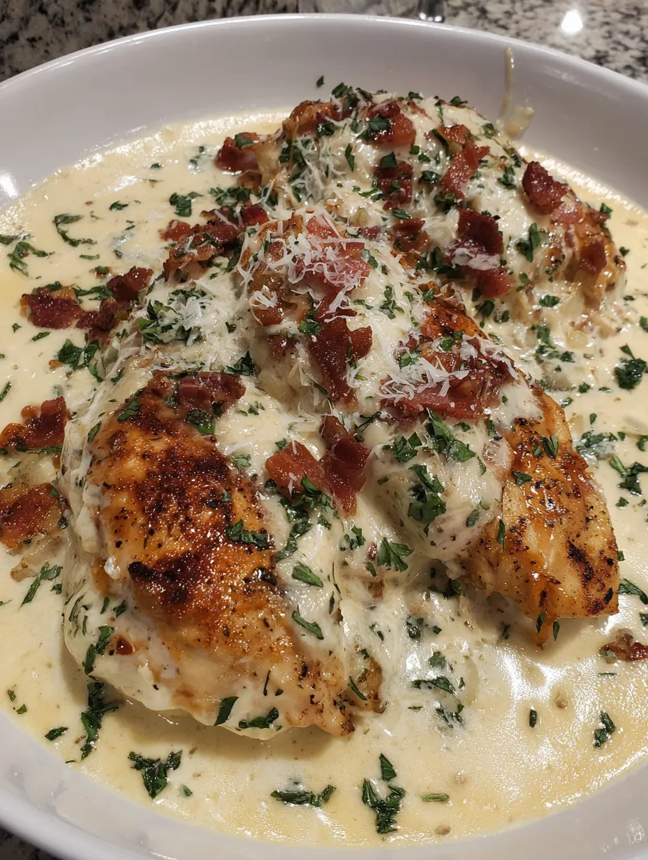 A dish of chicken covered in creamy garlic parmesan sauce.