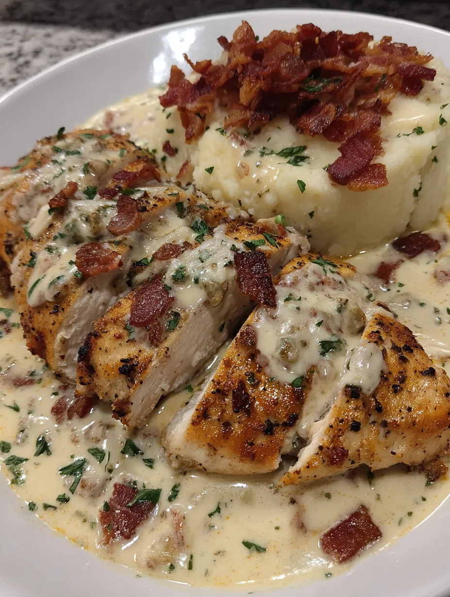A plate of chicken with a creamy garlic parmesan sauce.