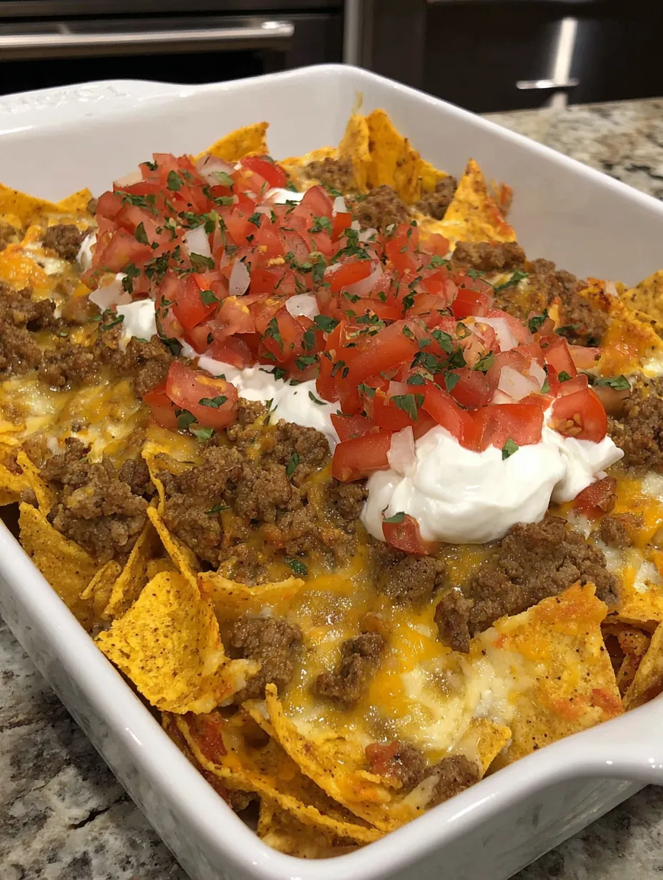 A cheesy Dorito taco casserole in a white dish.
