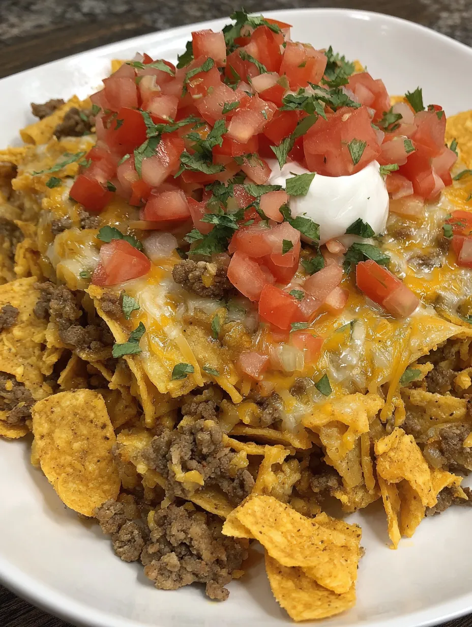 A cheesy Dorito taco casserole with tomatoes and white cheese on top.