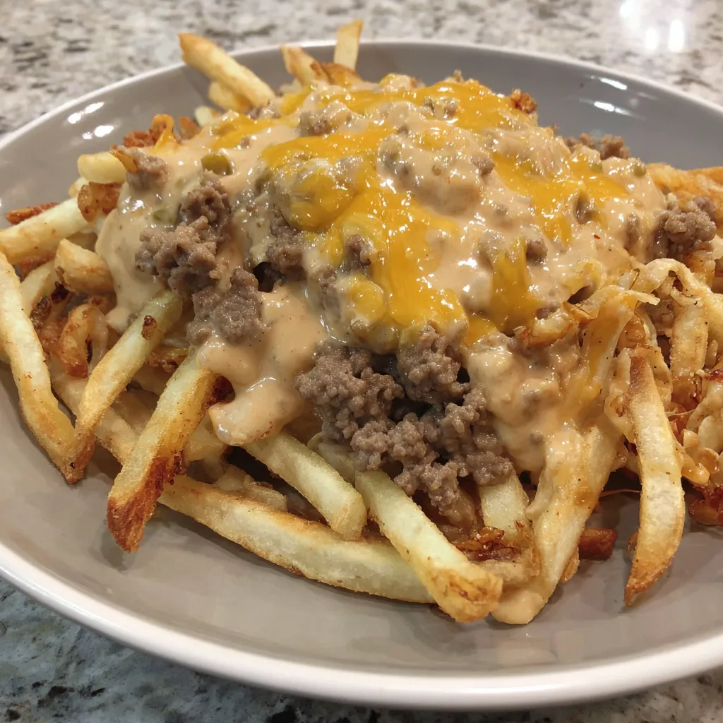 A plate of food with cheese and meat on top.