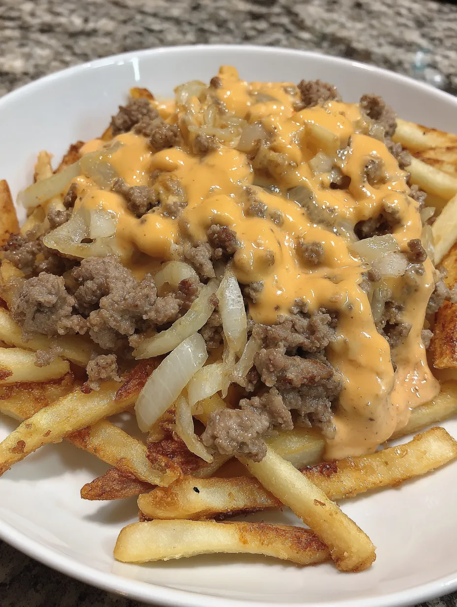 A cheeseburger french fry casserole on a plate.