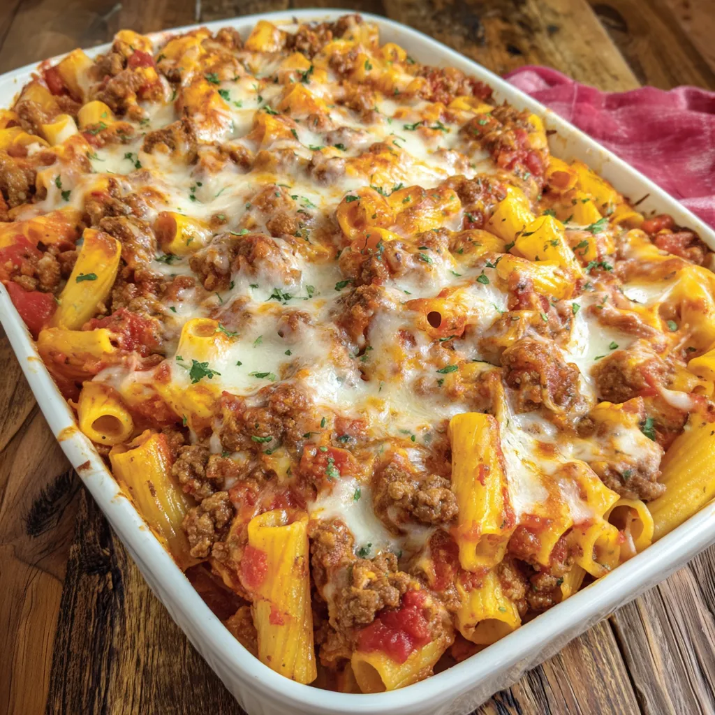 A baked ziti with Italian sausage in a white dish.