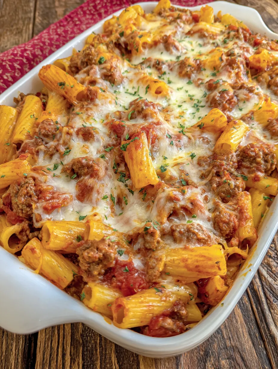 A baked ziti dish with Italian sausage.