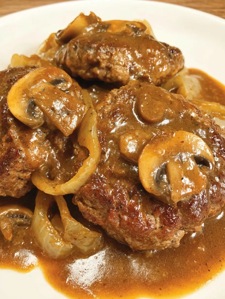 Hamburger steaks and gravy on a plate.