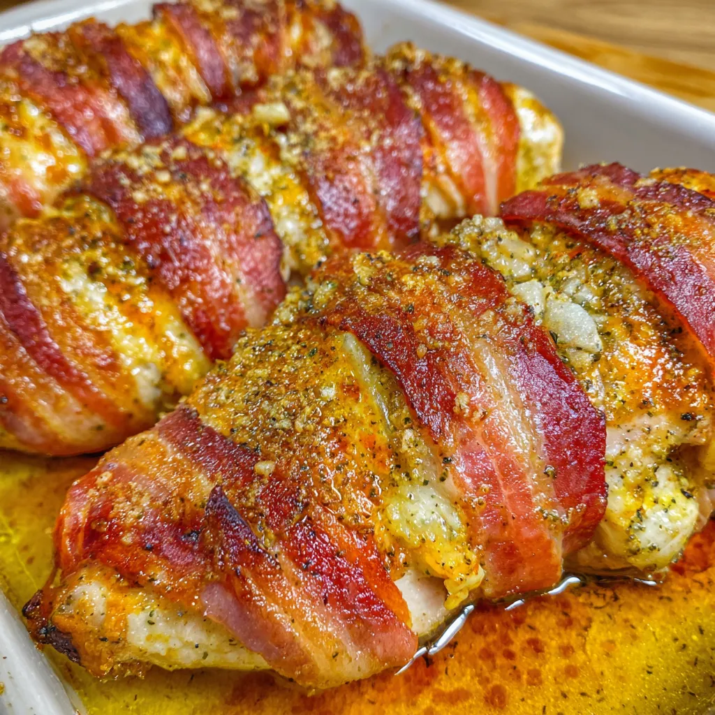 Bacon wrapped garlic parmesan chicken.