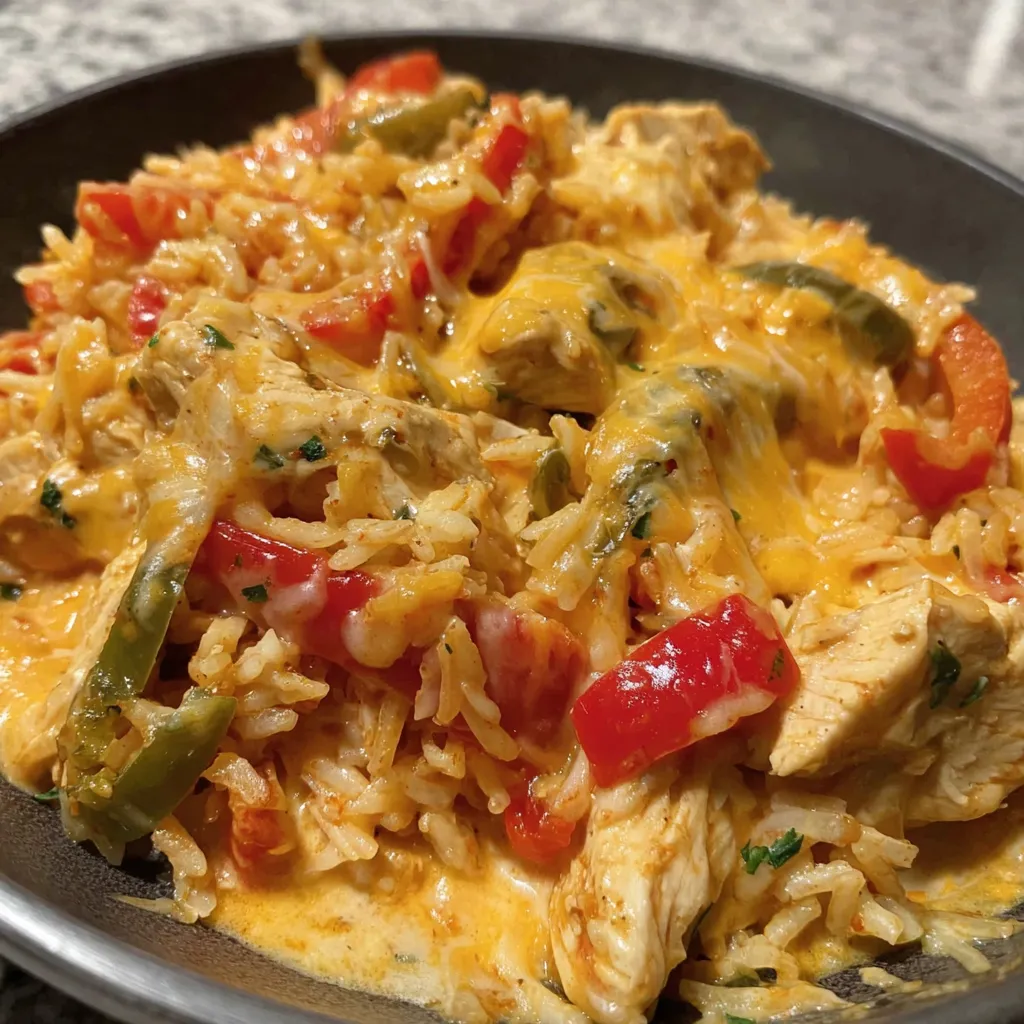 A bowl of chicken fajita skillet with rice and peppers.