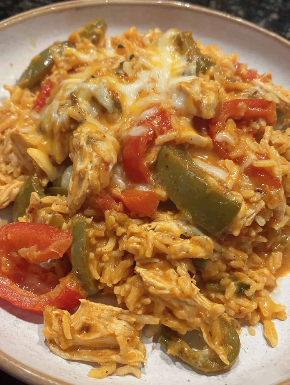 A plate of food with chicken, peppers, and cheese.